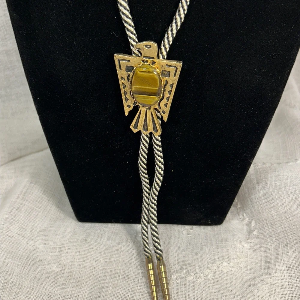 Vintage Bolo tie western, with ornate medallion Eagle with tiger eye large stone